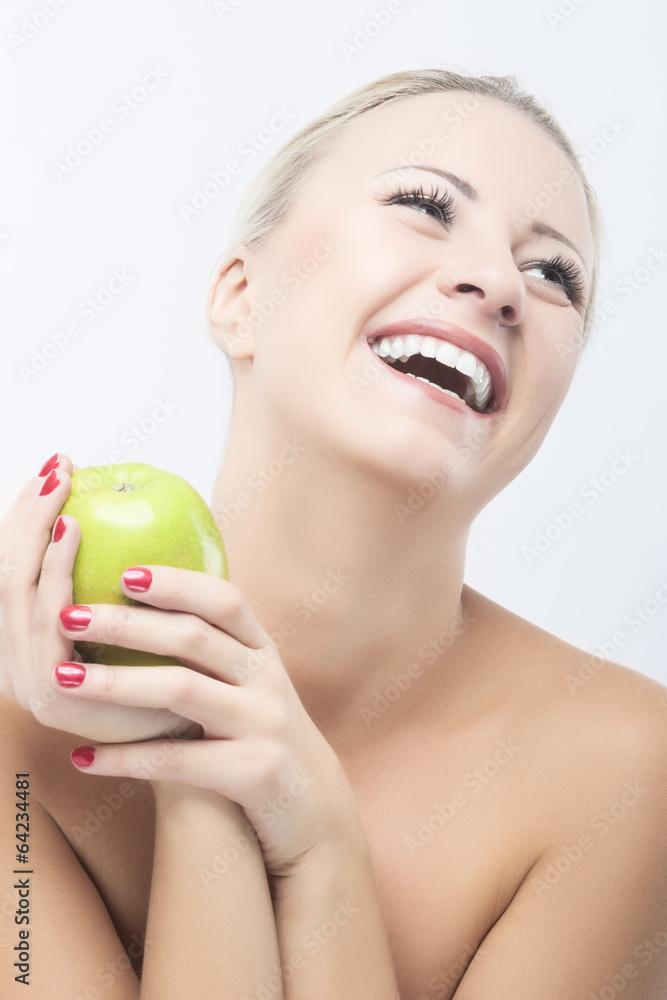 Happy Smiling Woman Dieting with Green Apple. Healthy Lifestyle, Happy Smiling Woman Dieting with Green Apple. Healthy Lifestyle,
