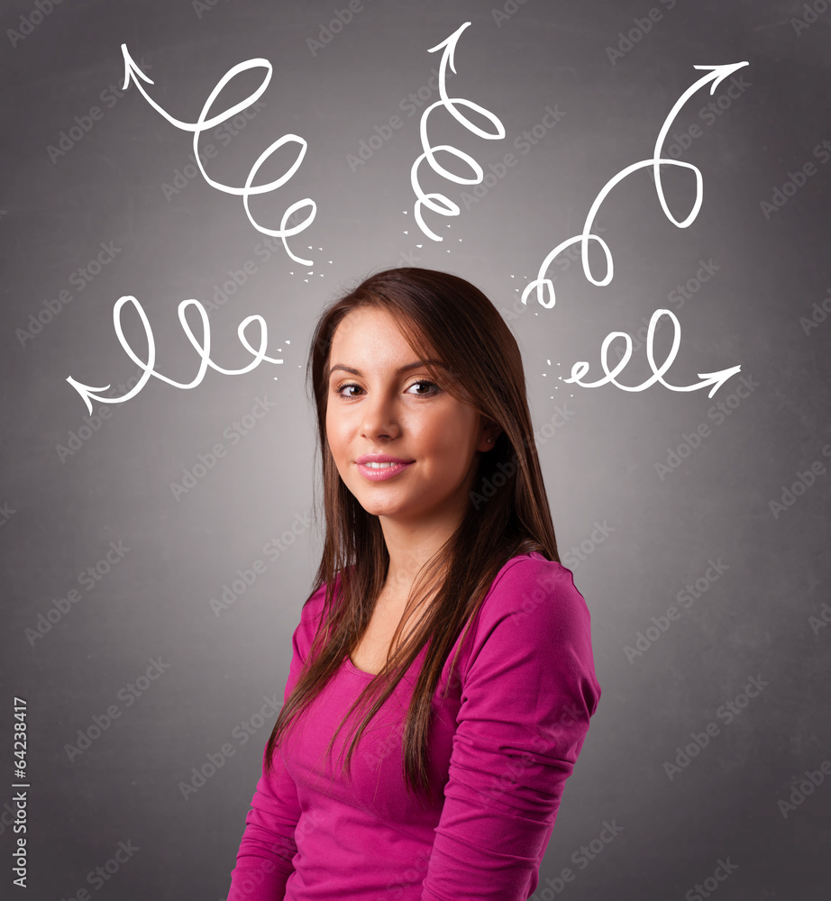 Young woman thinking with arrows overhead Young woman thinking with arrows overhead