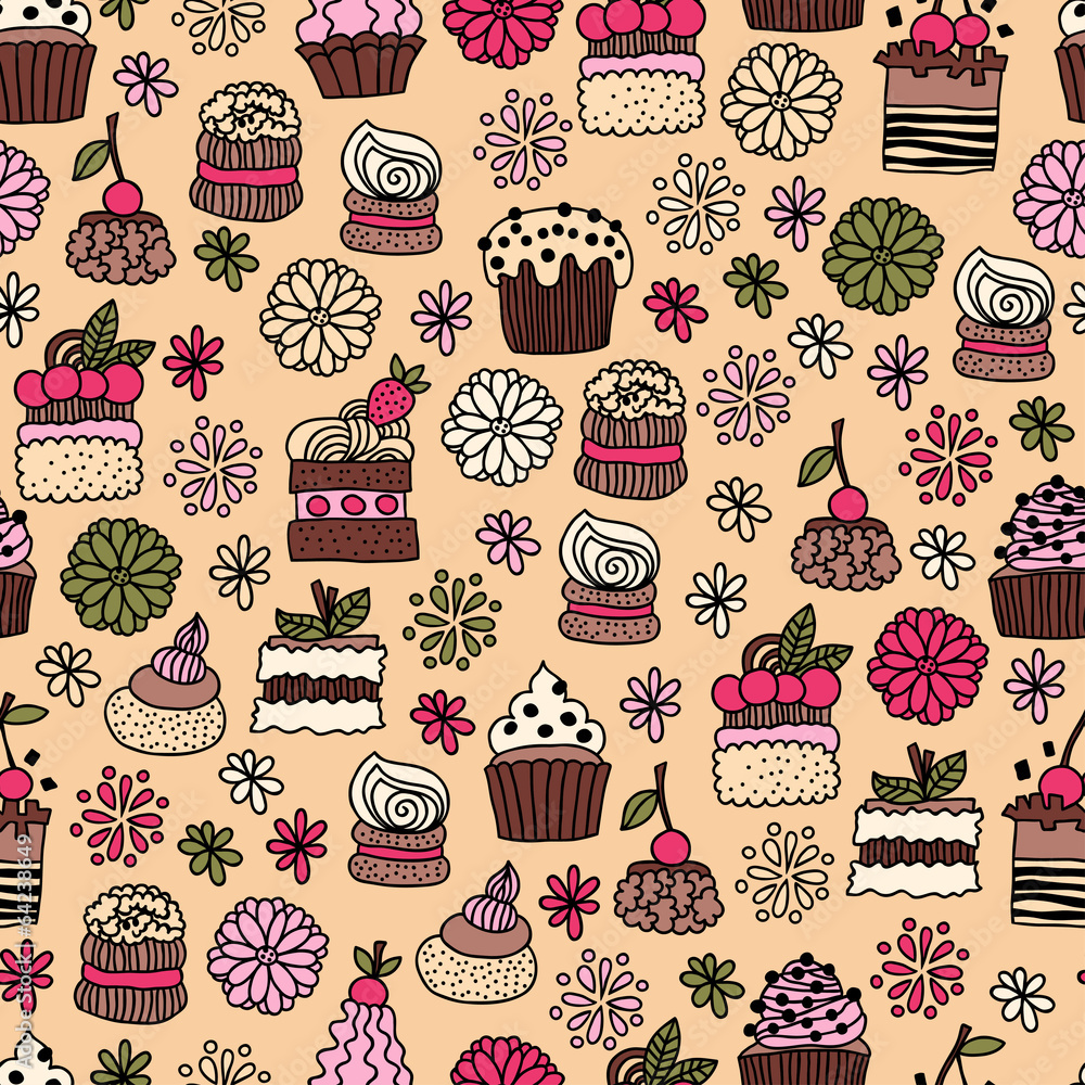 Seamless pattern of hand drawn doodle cakes, desserts