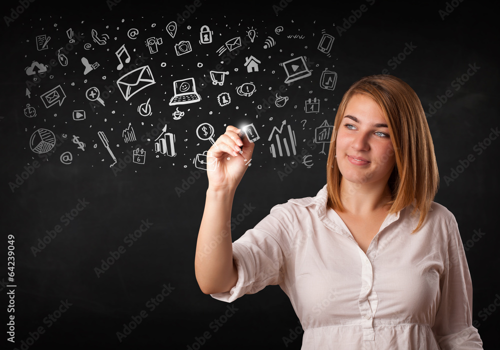 Young woman drawing and sketching icons and symbols Young woman drawing and sketching icons and symbols