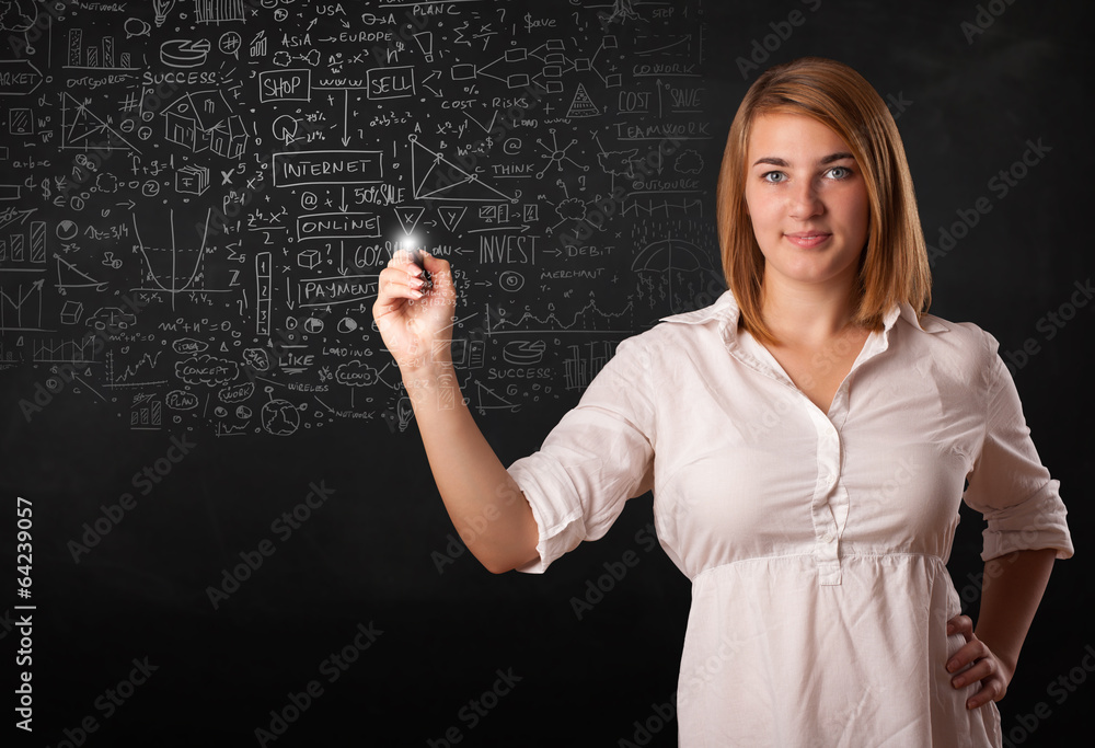 Young woman sketching and calculating thoughts Young woman sketching and calculating thoughts