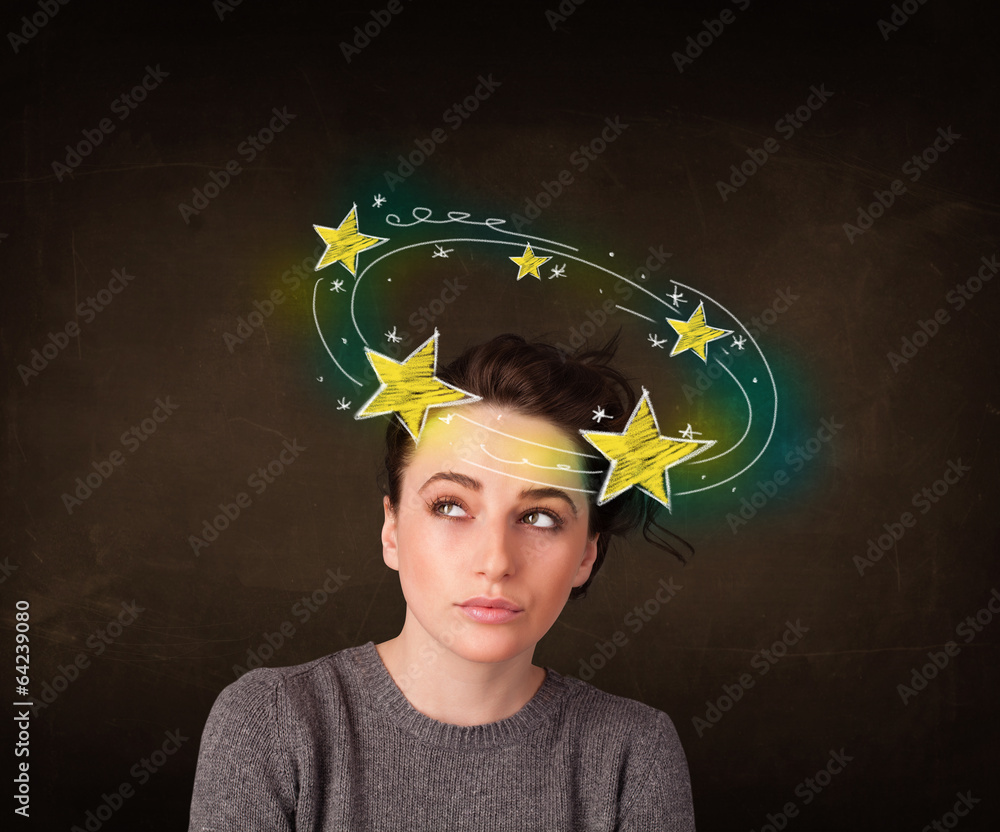 girl with yellow stars circleing around her head illustration girl with yellow stars circleing around her head illustration