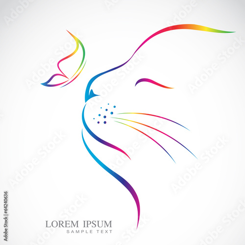 Vector image of cat and butterfly on white background