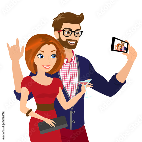 Selfie of handsome man and woman in red dress