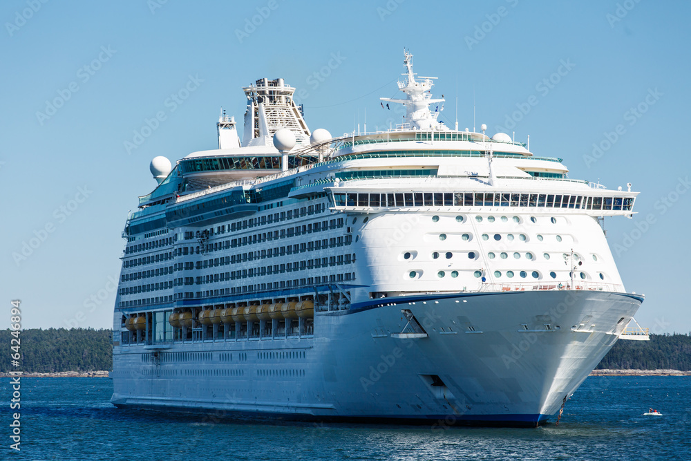 Huge White Cruise Ship Off Green Coast
