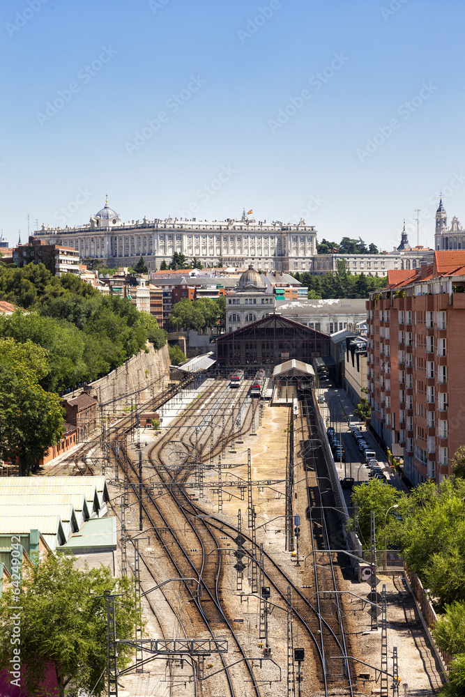 Naklejka premium Madrid view, with Prince Pio railway station and Royal palace