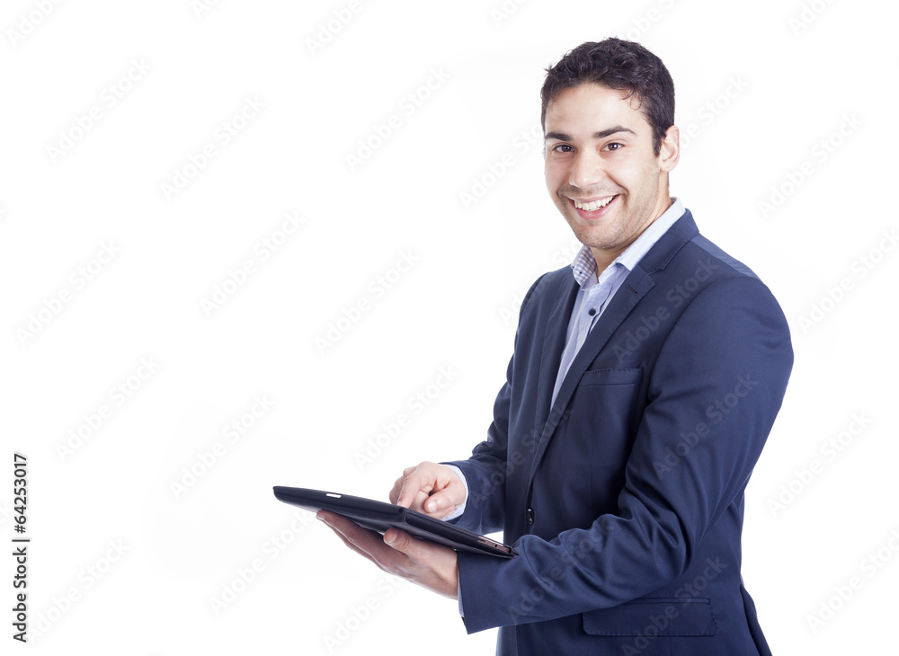 Businessman using a tablet computer, isolated on white Businessman using a tablet computer, isolated on white