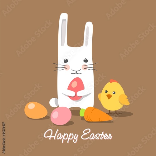 Easter rabbit and chick with easter eggs