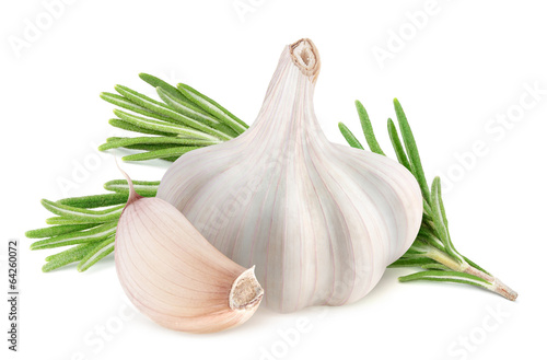Isolated spices. Garlic and rosemary isolated on white background
