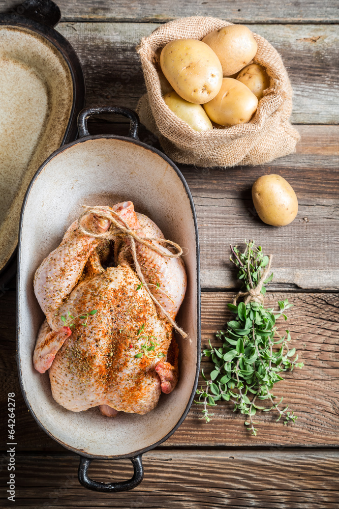 Fototapeta premium Preparing chicken for cooking with spices