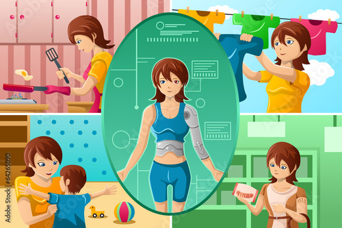 Housewife handling multiple tasks