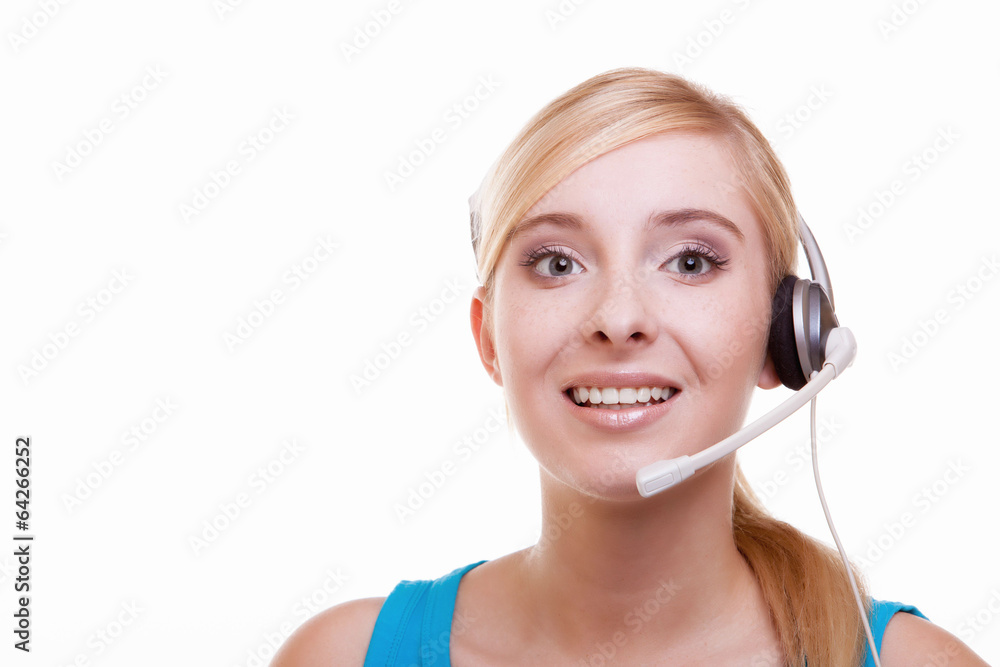 Girl with headphones and microphone headset on white Girl with headphones and microphone headset on white