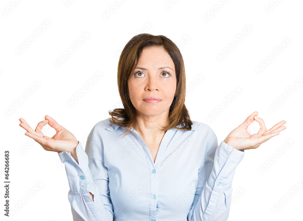 Meditation. Woman takes deep breath, stress relief techniques Meditation. Woman takes deep breath, stress relief techniques