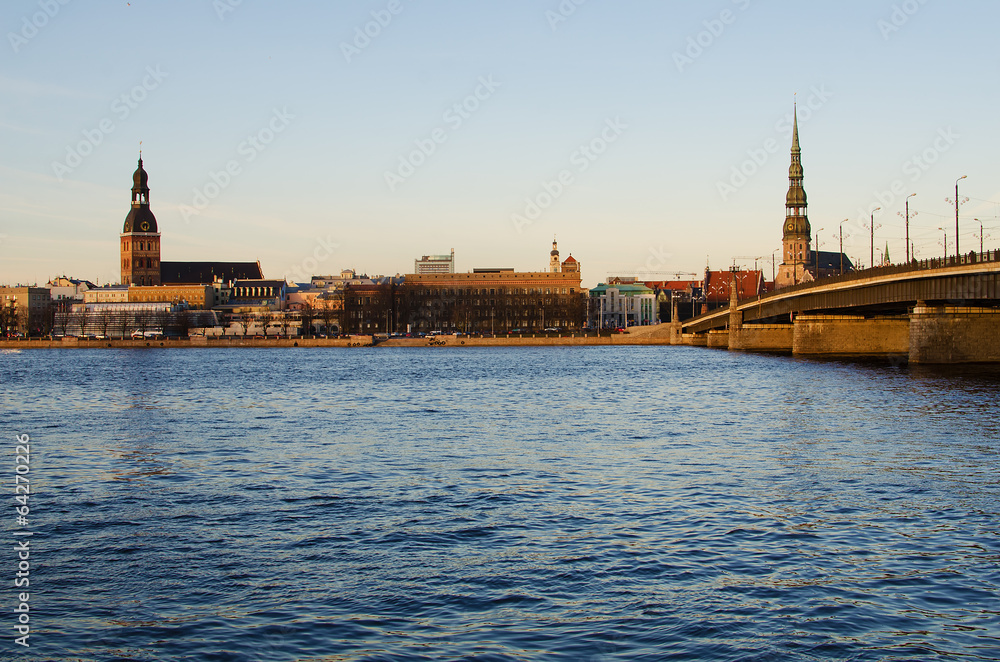 Obraz premium Riga (Latvia) in the evening. The view from Daugava river