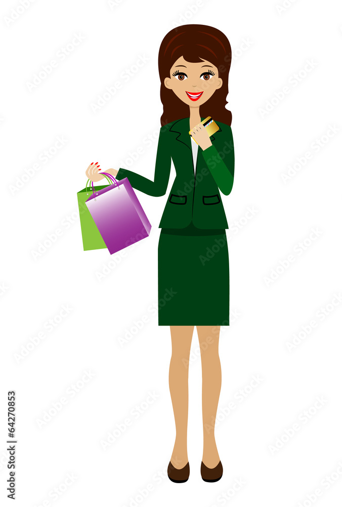 woman with a credit card and purchases in hands woman with a credit card and purchases in hands