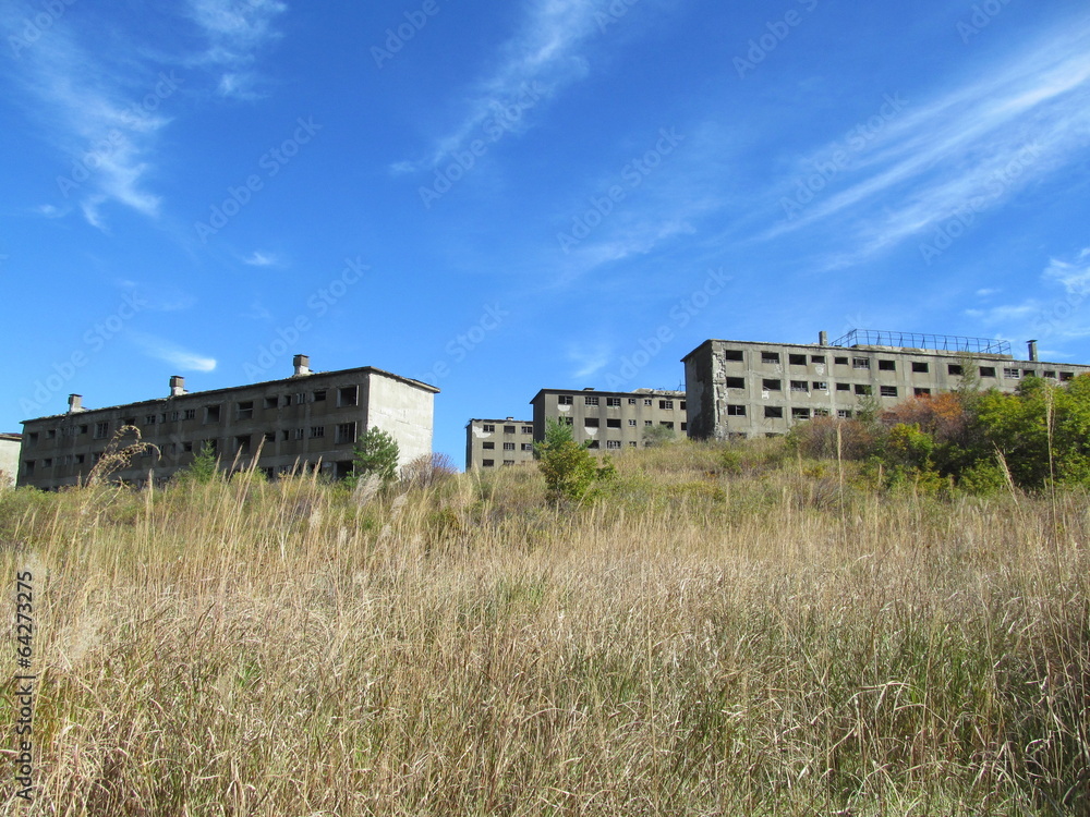 廃墟の団地と枯れ草