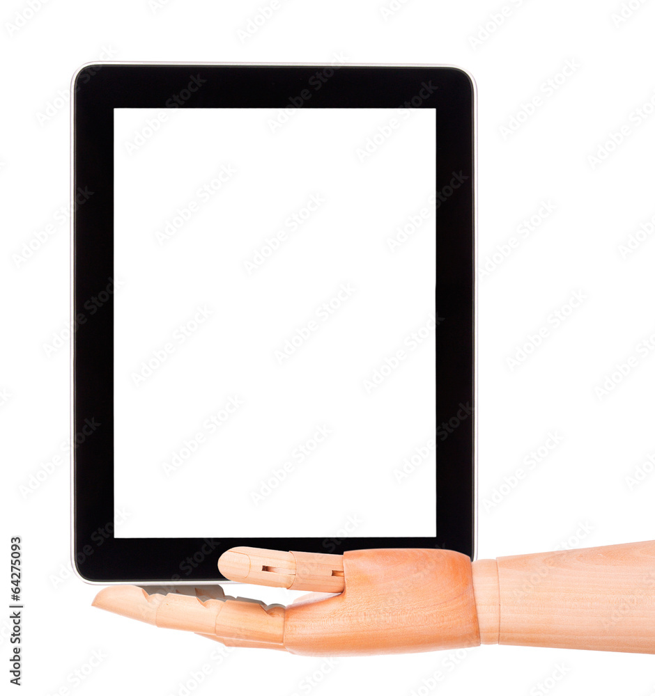 tablet computer with wooden hand isolated tablet computer with wooden hand isolated