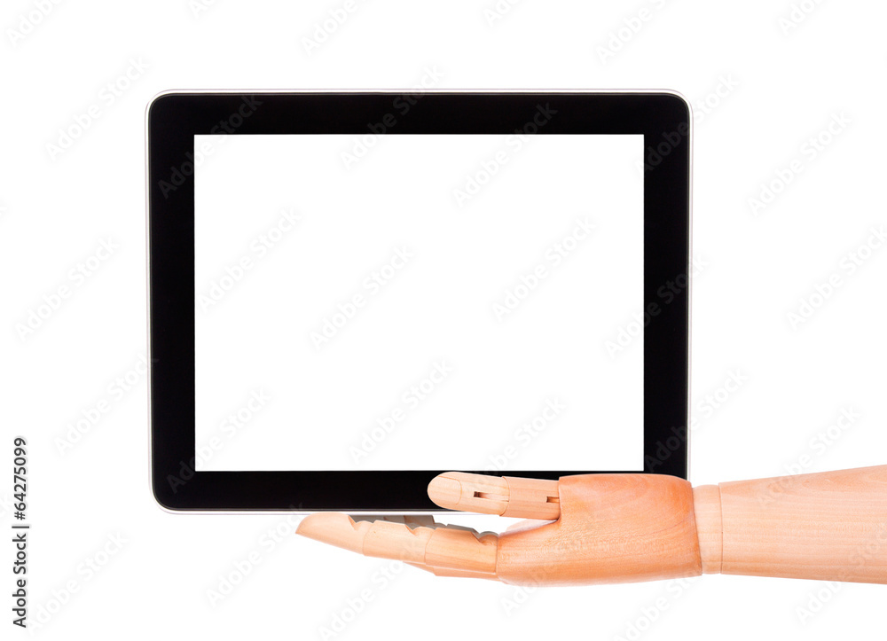 tablet computer with wooden hand isolated tablet computer with wooden hand isolated
