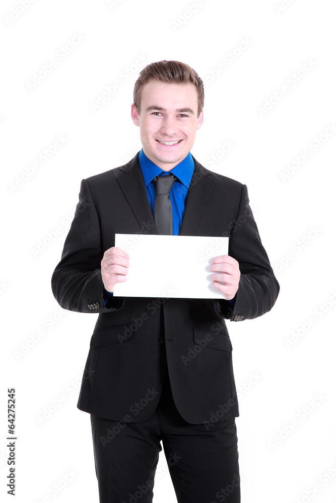 Businessmann hält Werbebanner Porträt Businessmann hält Werbebanner Porträt