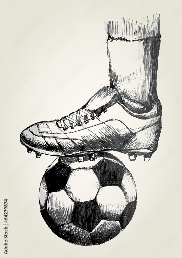 Naklejka premium Sketch illustration of a soccer player's foot on soccer ball