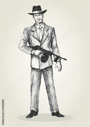 Sketch illustration of a man holding a thompson gun