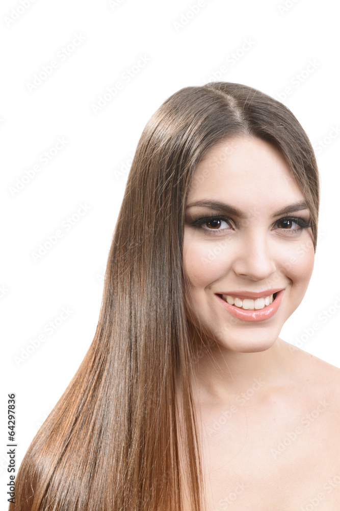 Beautiful young woman with long hair isolated on white