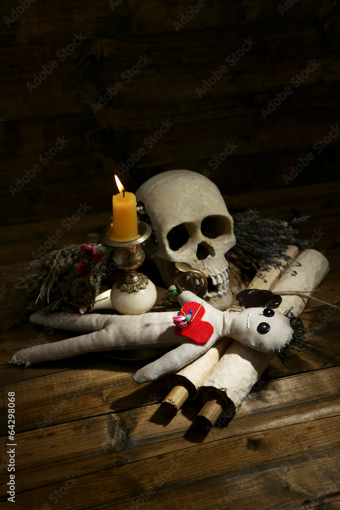 Conceptual photo of love magic. Composition with skull, voodoo