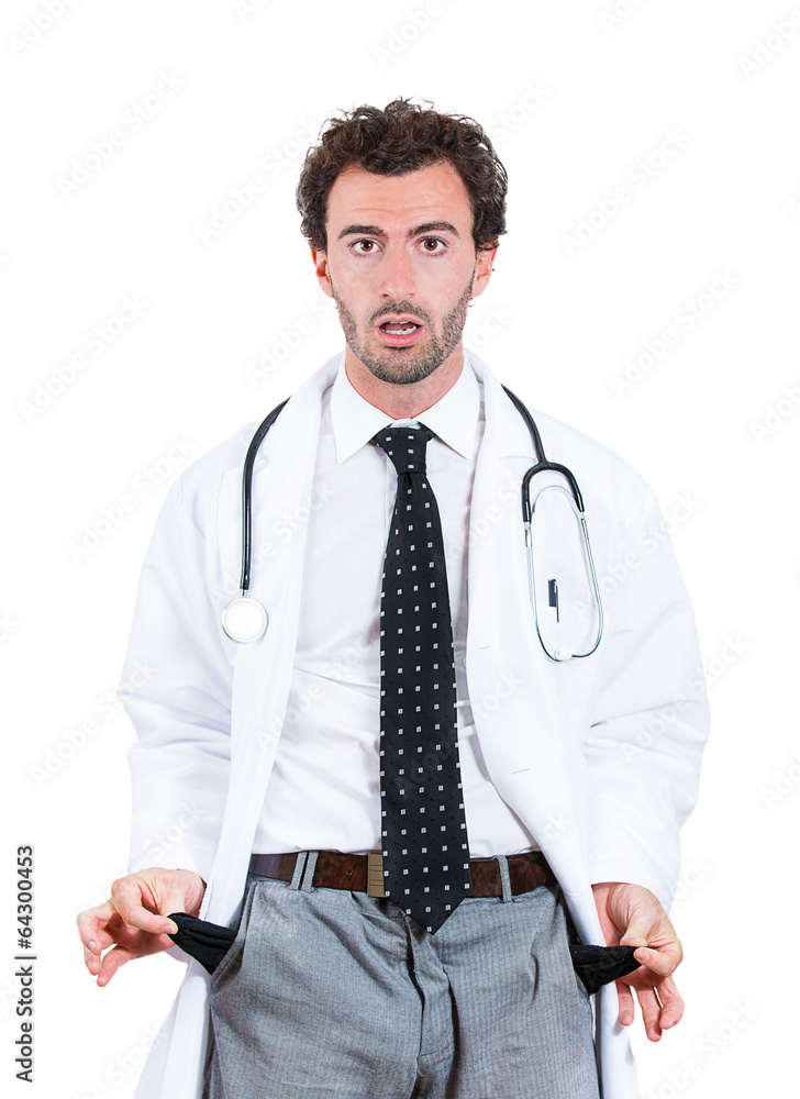 Poor stressed young doctor showing his empty pockets Stock Photo | Adobe Stock