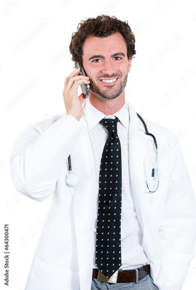 Portrait male Doctor talking on phone, patient communication