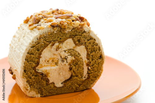 Roll coffee cake isolated on white background