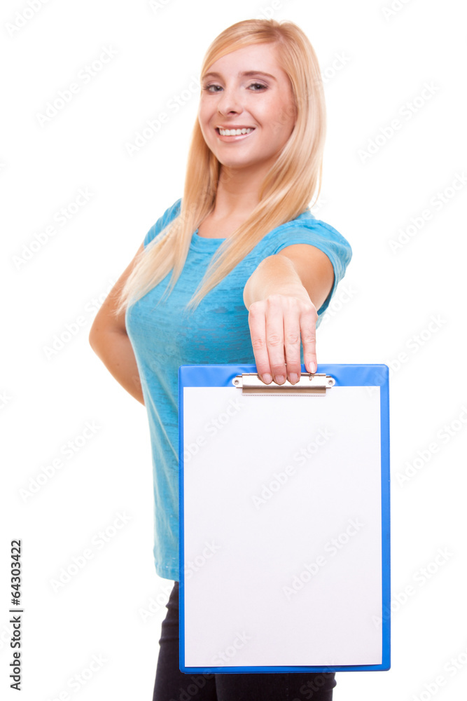 woman college student girl holds clipboard with blank woman college student girl holds clipboard with blank