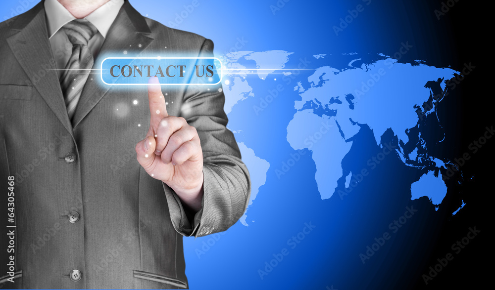 businessman hand pushing contact us button businessman hand pushing contact us button