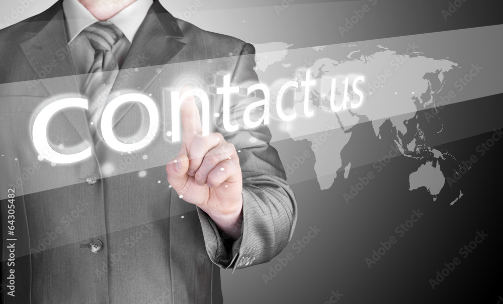 businessman hand pushing contact us button businessman hand pushing contact us button