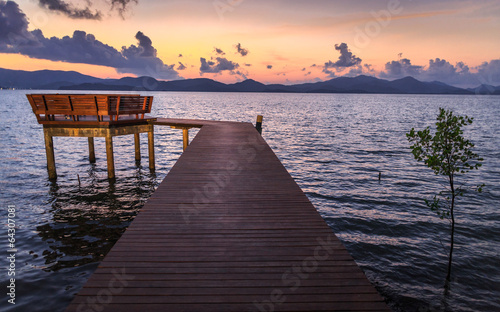 Wooden walk way with twilight scence