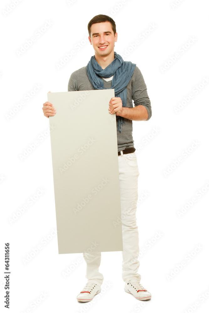 A handsoma man holding a blank, isolated on white. A handsoma man holding a blank, isolated on white.