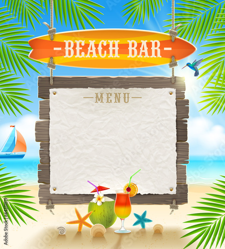 Tropical beach bar signboard and menu banner
