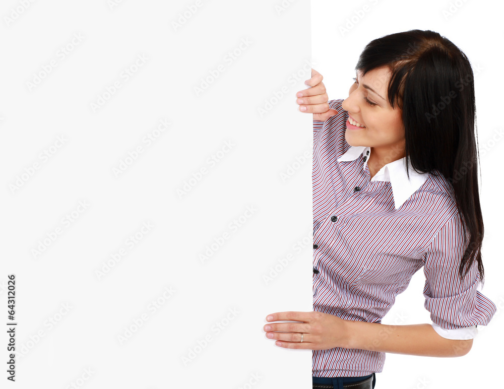Young woman with blank board banner Young woman with blank board banner