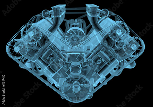 Car engine x-ray blue transparent isolated on black