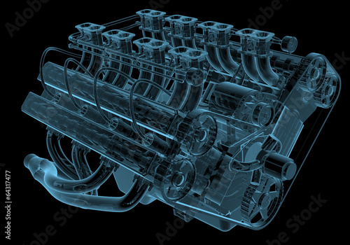 Car engine x-ray blue transparent isolated on black