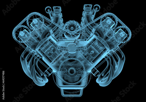 Car engine x-ray blue transparent isolated on black