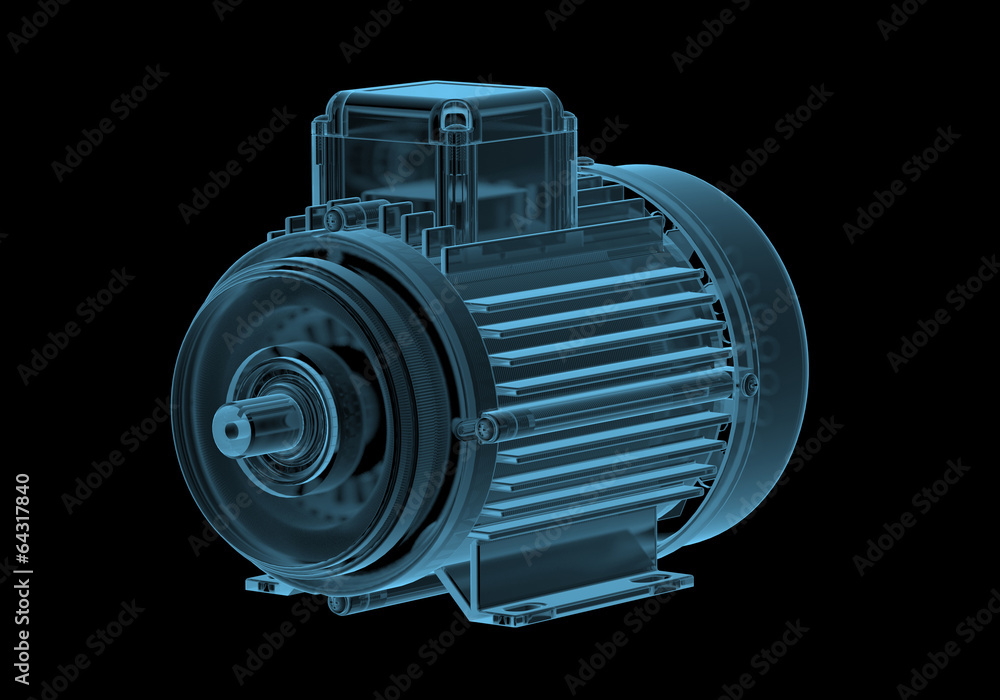 Electric motor with internals x-ray blue transparent - obrazy, fototapety, plakaty 