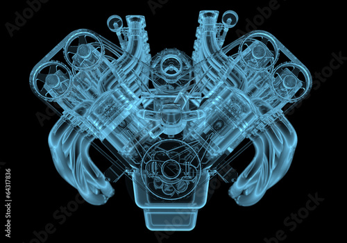 Fotografie Car engine x-ray blue transparent isolated on black