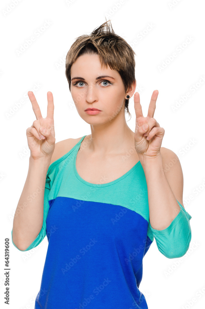 girl showing victory sign girl showing victory sign