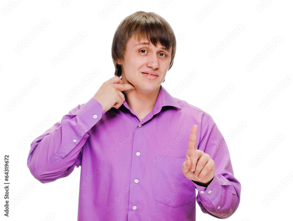 man showing fingers on her throat. Drink man showing fingers on her throat. Drink