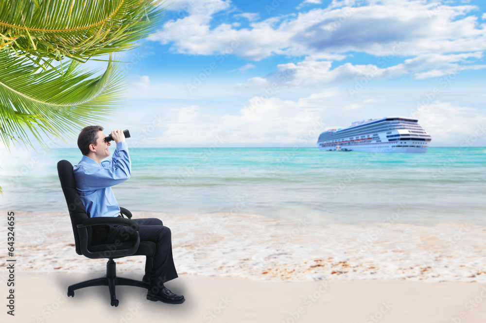 Businessman with binoculars on the beach.