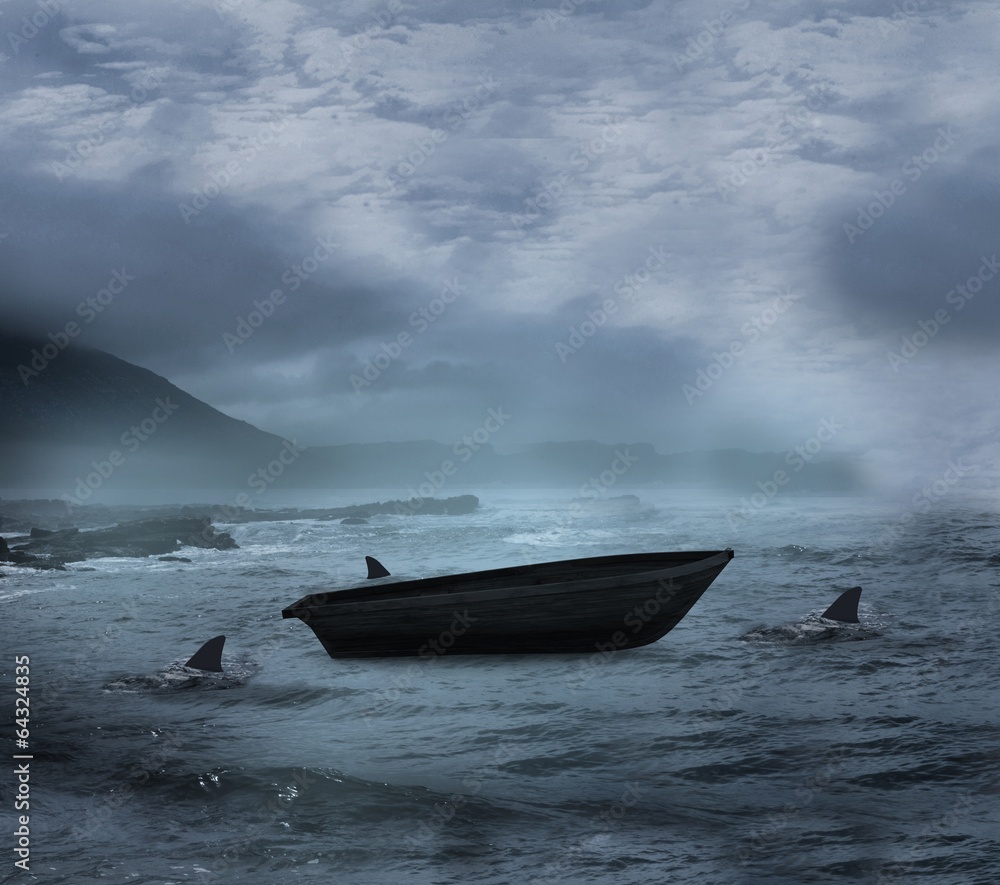Sail boat being circled by sharks Sail boat being circled by sharks
