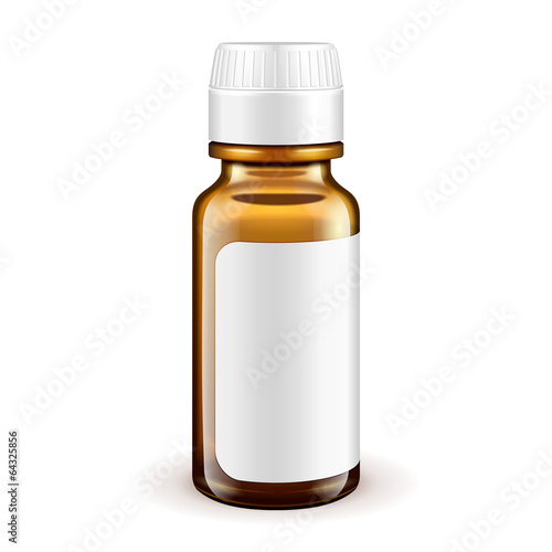Medical Glass Brown Bottle With Label On White Background