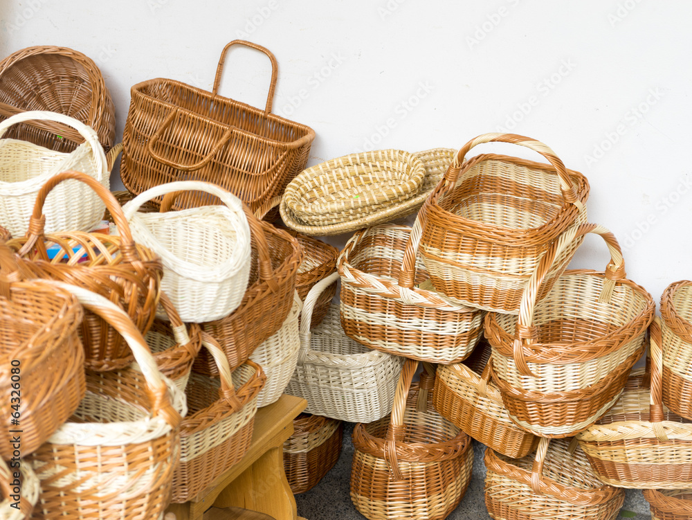 Handmade wicker baskets in farmers market