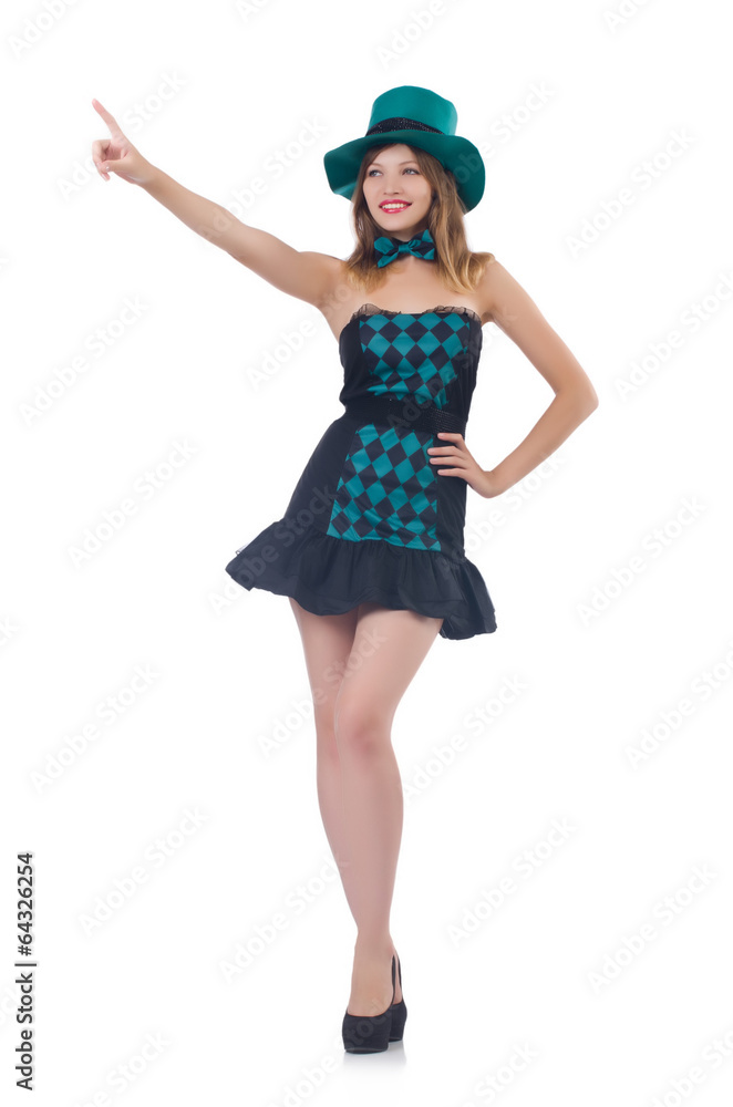 Young pretty woman in a hat pressing vitrual button isolated on Young pretty woman in a hat pressing vitrual button isolated on