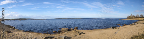 Panorama of lake with sandy beach